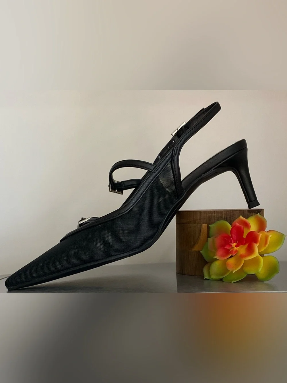 DOLCE VITA BLACK MESH KITTEN HEEL SLINGBACK PUMPS WITH RHINESTONE BUCKLES